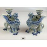 Pair of blue/white Faience dragon candle holders – 6.5” high x 7.5” long