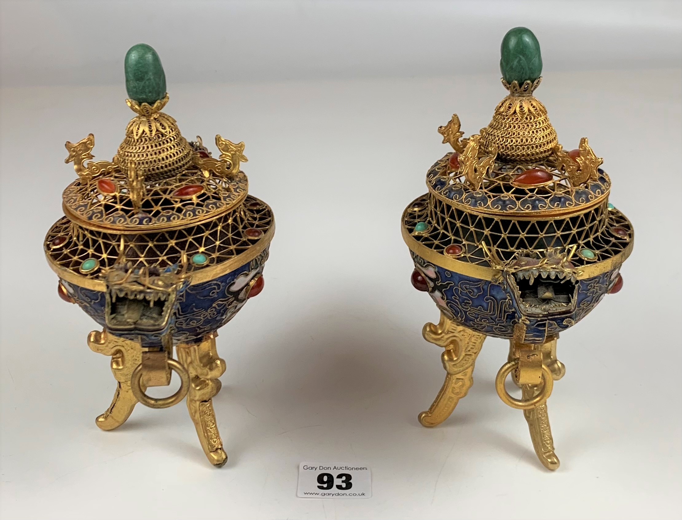 Pair of reproduction metal and coloured stones incense burners, 7.5” high - Image 4 of 9