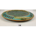 Antique Majolica round platter, 15” diameter. “Want Not, Waste Not, Spare Not”. Damage to edge.