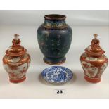 Blue cloisonné vase 7.25” high, pair of porcelain lidded oriental vases 6” high and small blue/white