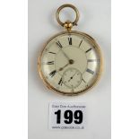 18k gold pocket watch, 2” diameter, total w: 139 gms, not running Bow replaced and not gold.