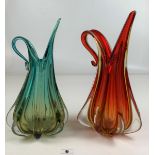 2 Italian style glass jug/vases – red 13” height and green 12.5” height