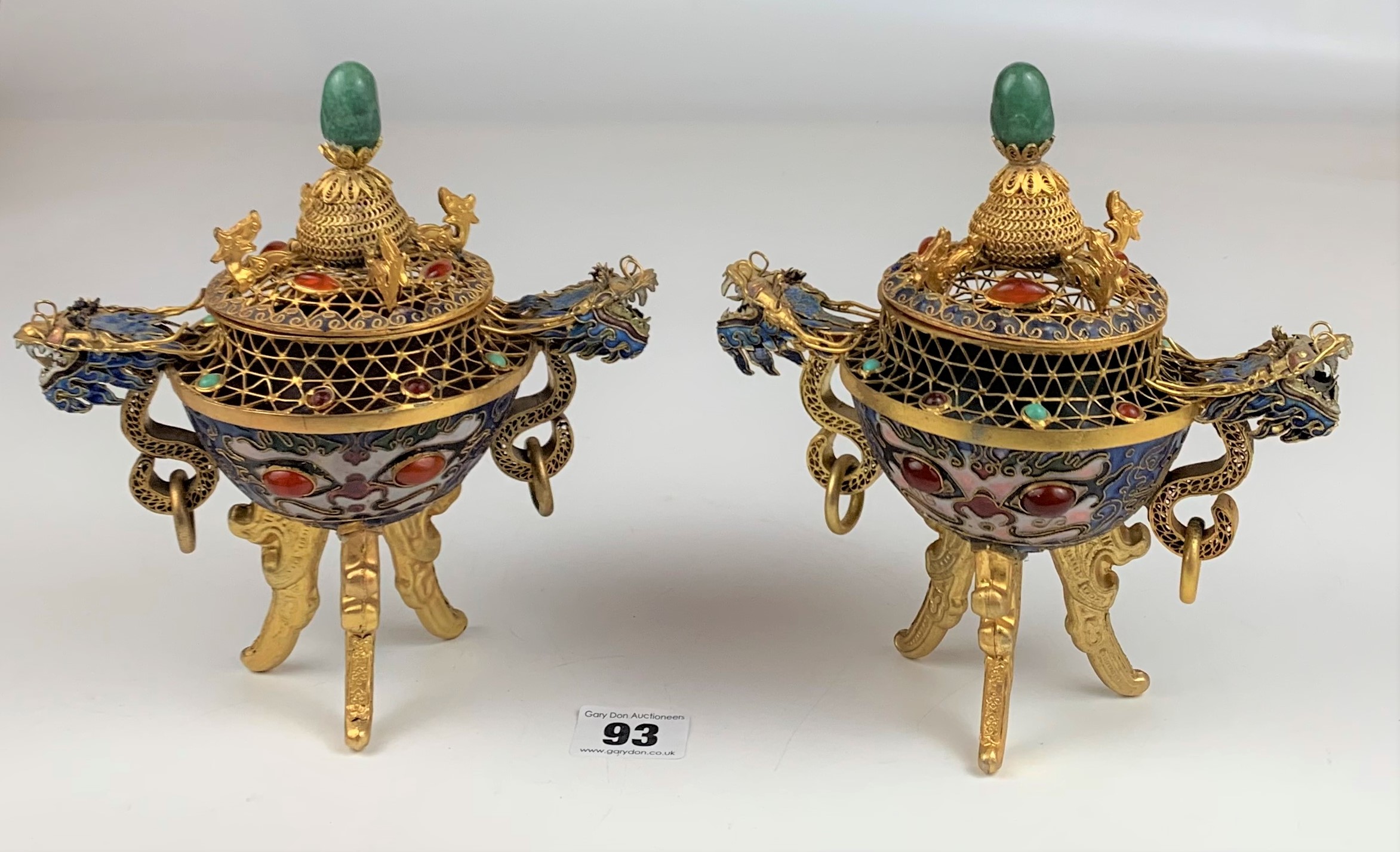 Pair of reproduction metal and coloured stones incense burners, 7.5” high - Image 5 of 9