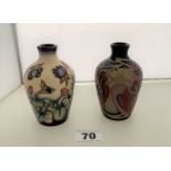 2 small Moorcroft vases 4” high, 2008 and 2009