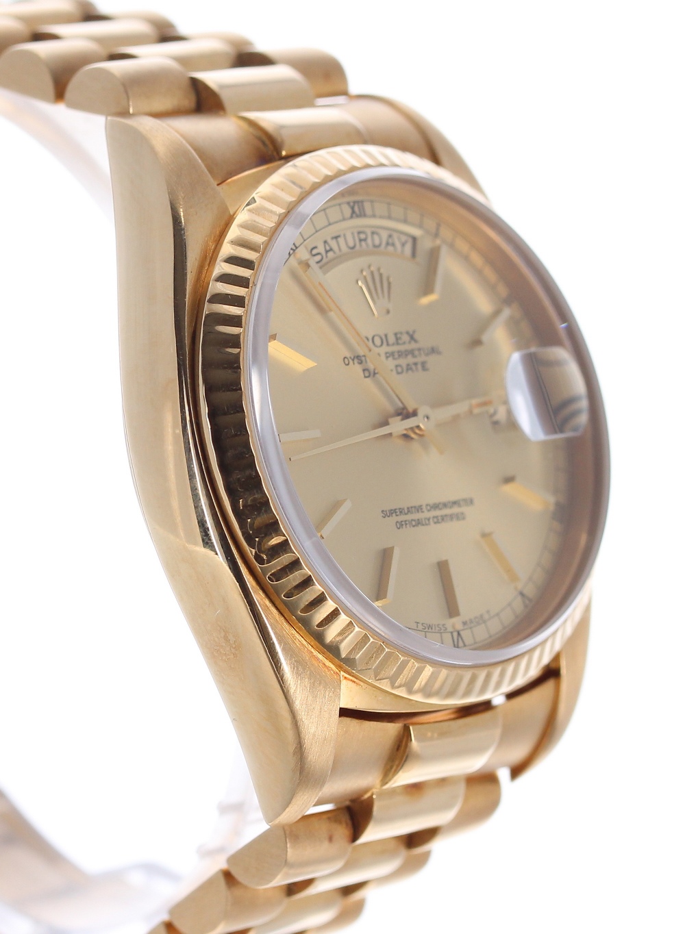 Rolex Oyster Perpetual Day-Date 18ct gentleman's bracelet watch, ref. 18038, circa 1980s, fluted - Image 5 of 12