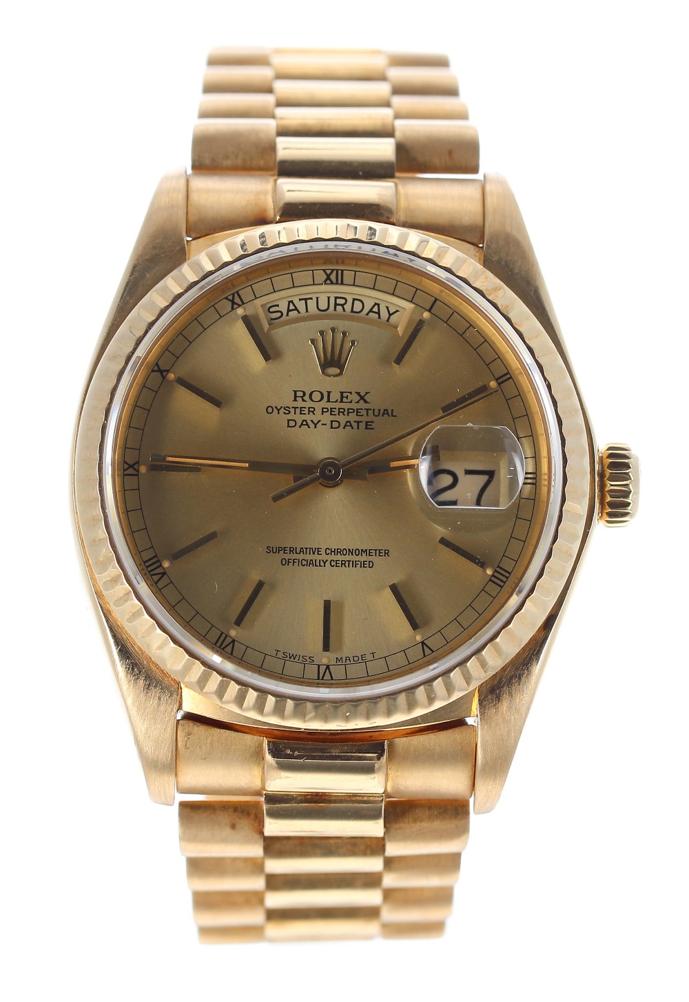 Rolex Oyster Perpetual Day-Date 18ct gentleman's bracelet watch, ref. 18038, circa 1980s, fluted - Image 2 of 12
