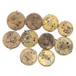 Ten fusee lever pocket watch movements principally for repair (10)