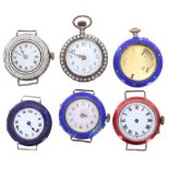 Four silver and enamel wire-lug wristwatches in need of repair; together with a silver, enamel and
