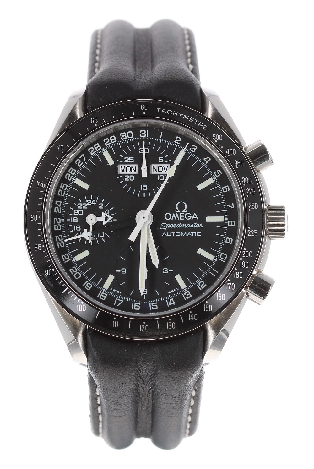 Omega Speedmaster automatic triple calendar chronograph stainless steel gentleman's wristwatch, ref.