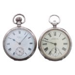 Two silver American Watch Co. Waltham lever engine turned pocket watches in need of repair/