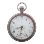 Omega British Military Army issue nickel cased lever pocket watch, circa 1944, signed gilt frosted