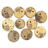 Ten fusee lever pocket watch movements principally for repair to include one signed Walter W.