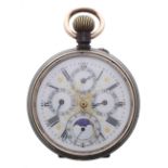 Swiss gunmetal calendar lever pocket watch with moon phase, gilt frosted bar movement with