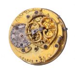 Fusee verge pocket watch movement, signed D F Dubois, A Paris, 9/78, with pierced engraved balance