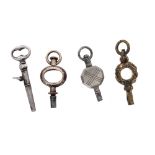 Georgian silver crank pocket watch key, 35mm long; with three other keys (4)