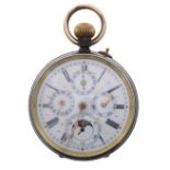 Continental gunmetal calendar lever pocket watch, frosted bar movement with compensated balance