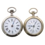 Nickel cased cylinder alarm pocket watch, the movement with gilt three arm balance and regulator,