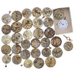 Quantity of fob watch movements with enamel and gilt dials; together with a small quantity of fob