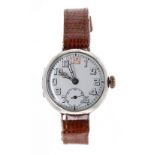 WWI period silver wire-lug gentleman's trench watch, import hallmarks London 1915, circular white