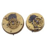 Two Continental fusee verge pocket watch movements, unsigned, 46mm and 38mm (one lacking dial,