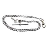 Silver graduated curb pocket watch chain, with clasp (plated), key and silver t-bar, 29.6gm,11.