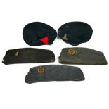 Five Military berets, two with WWII RAF with badges, one WWII Royal Engineers with badges and two