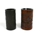 19th Century Chinese carved bamboo brush pot, 5.5" x 3" (a.f.) together with a later and smaller