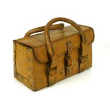 Leather and metal War Department twin handled tool box, 14" x 6" x 7"