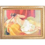** Longi (20th/21st century) - nude female girl reclining on a yellow blanket, a red curtain