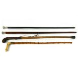 Vintage stag handle and bamboo walking stick; together with an antique leather handle walking stick,