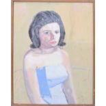 English School (20th/21st century) - a portrait of a girl wearing a strapless blue dress, half