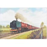 Steven Scoles (b.1952) - a steam locomotive 'Yorkshire Coast Express' passing through open fields,