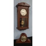 1930s oak wall clock, 29" high; also a Napoleon hat mantel clock (2)