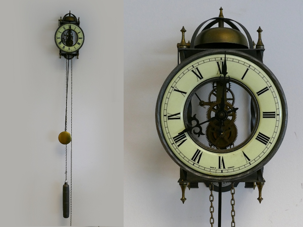 West German Tempus Fugit skeleton wall clock, passing strike, approx 9" x 6" (good working order)