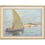 Continental School (20th century) - A sunlit harbour scene with fishing boats, buildings