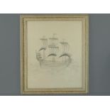 Very large pencil drawing of a three masted galleon, 29" x 23", within an ornate cream painted and
