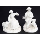 Two Parian ware figures, a shepherd and shepherdess, he with a dog by his side, her with a sheep, (