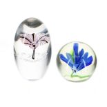 Daum floral glass paperweight, etched signature, 3.75" high; also another paperweight with blue