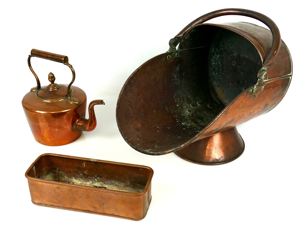 Antique copper swing handle coal scuttle, 18" x 14"; together with an antique 'Gooseneck' kettle,