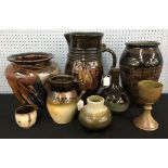 Eight pieces of Studio pottery; Two by John Harlow, Somerset, a jar vase 12" high, and jug 7.5",