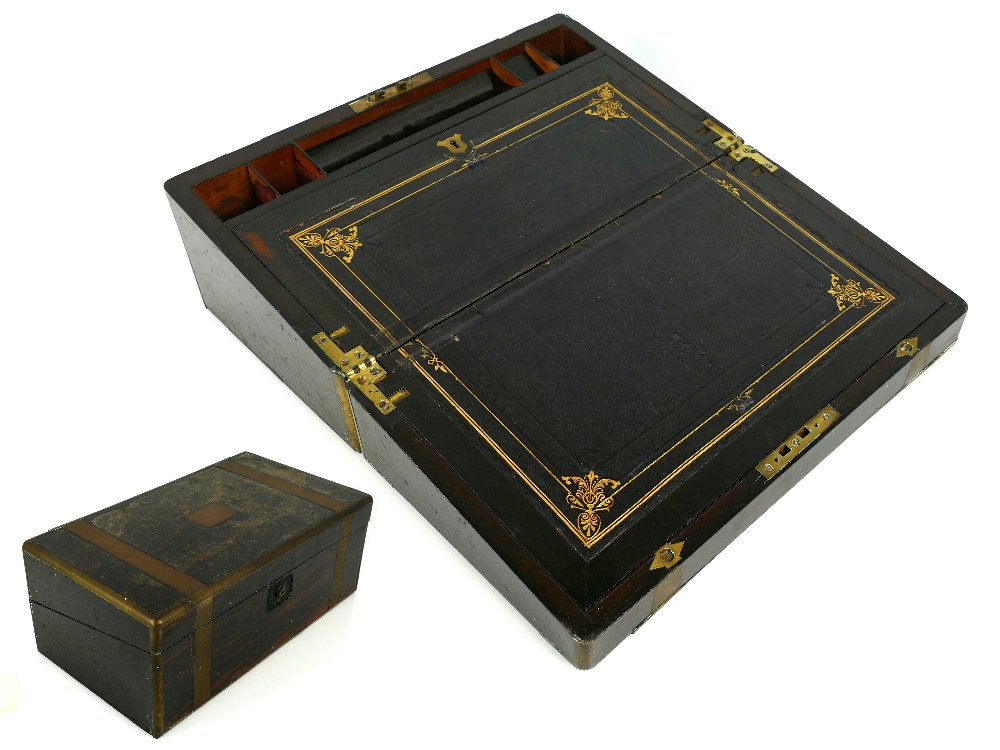 Victorian brass bound rosewood writing box with gilt tooled leather slope (minor fault), 7" high,