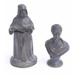 Bronze figural pot modelled as a clergyman reading, hinged opening at the waist, 5" high; together