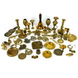 Large collection of antique and vintage brass ware, including candlesticks, school hand bell, love