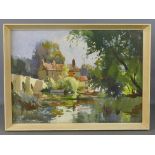 Jack Merriott RI, ROI, RSMA, RWS (1901-1968) - River landscape with bridge, boats and cottages,