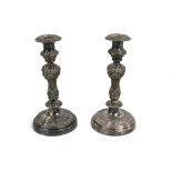 Pair of ornate Georgian Sheffield Plate 9.5" candlesticks with filled bases