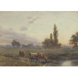 Joseph Dixon Clark (1849-1944) - Cattle beside a stream with fields and trees beyond, signed,