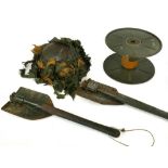 British tin helmet; together with two trench spades and a metal cable reel (4)