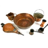 Collection of antique and vintage copper wares including a large jam pan, 14.5" diameter, and a pair