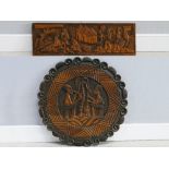 Large antique deeply chip carved wooden circular wall plaque of African design, 32" diameter;