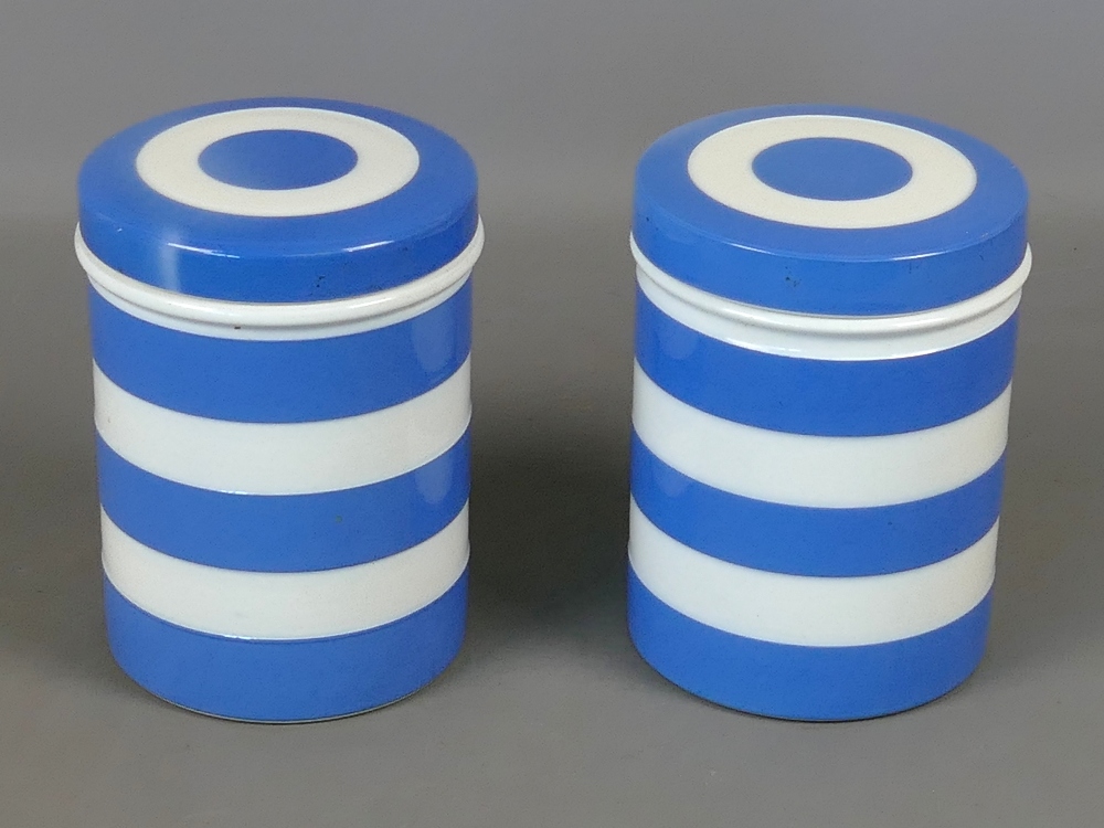 Good pair of early T G Green Cornish Ware blue and white kitchen storage jars, with early green